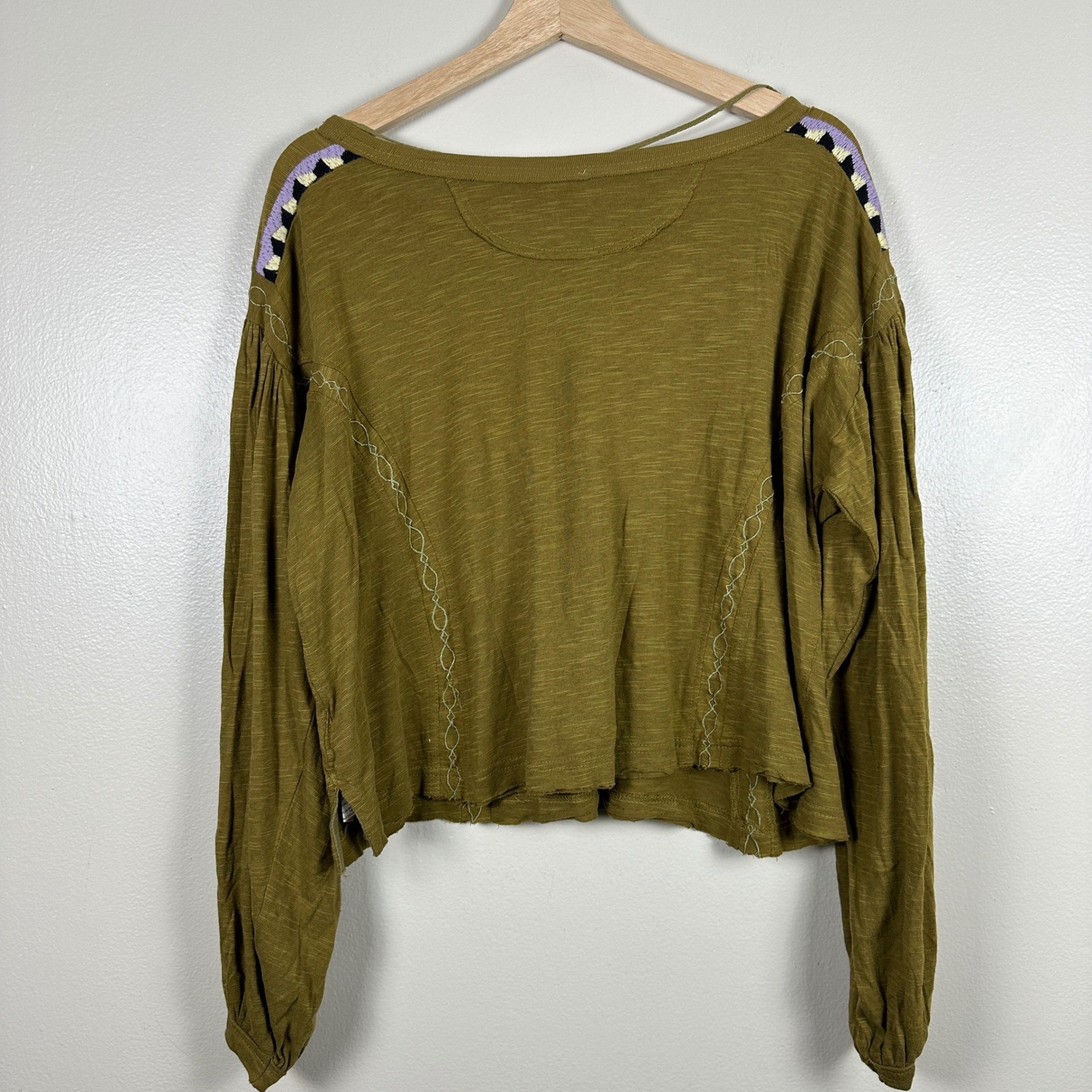 Free People Women’s Large Embroidered Top Moss Green Boho Eyelet NEW