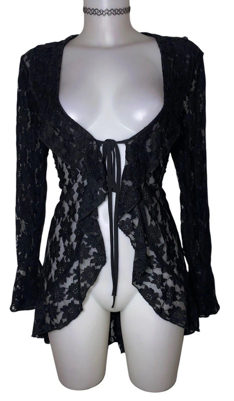 Vtg 90s Womens Victorian Black Lace Sheer Stretchy Whimsigoth Cardigan Top Sz M