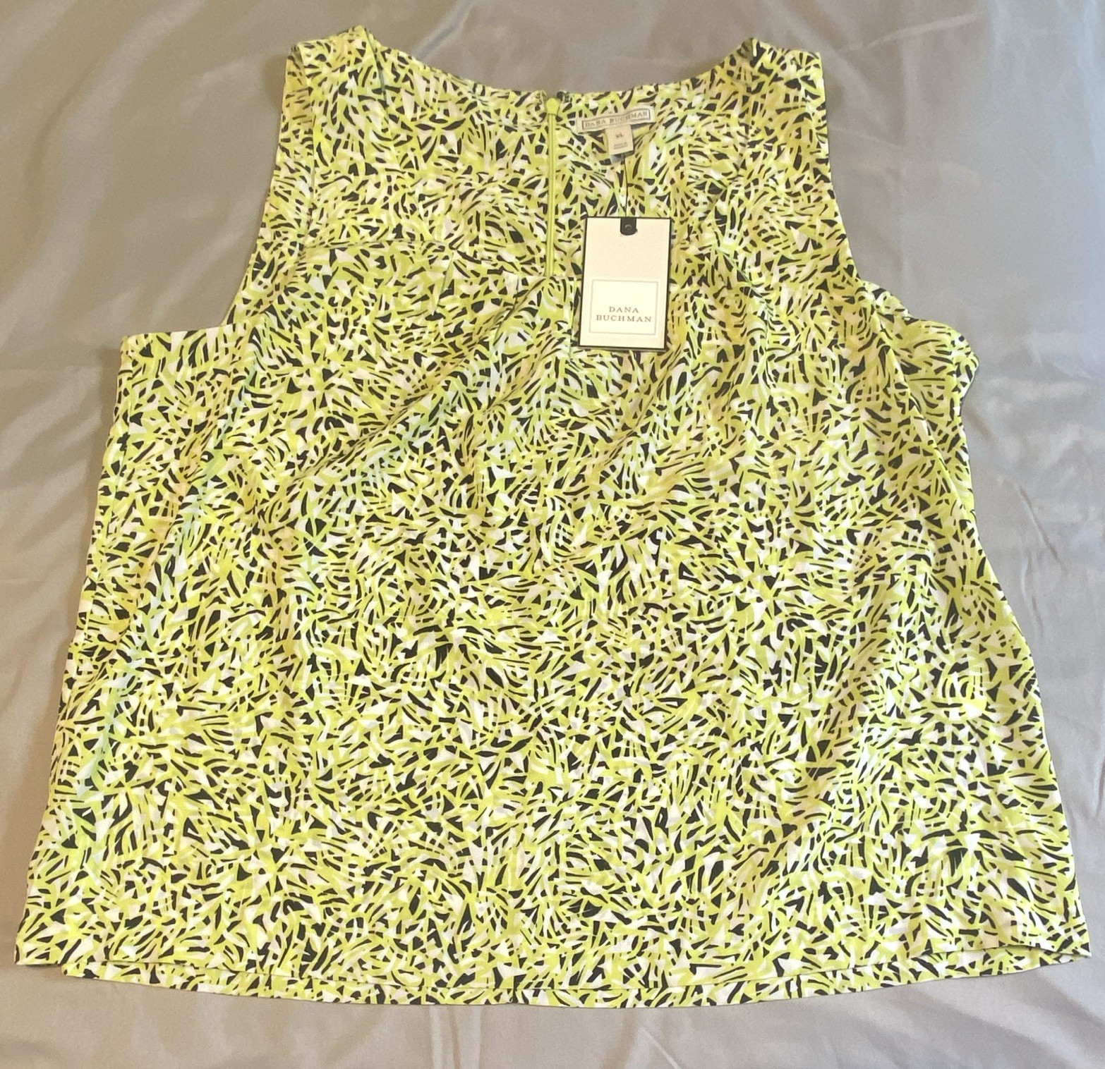 Dana Buchman XL Yellow Black White Abstract Sleeveless Zip Back Blouse