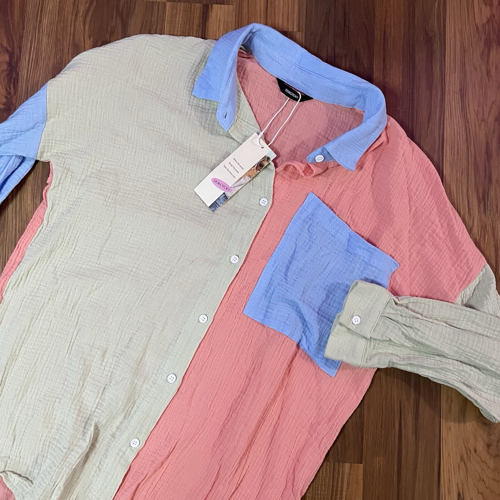NWT Dokotoo 80s 90s Color Block Oversized Boyfriend Long Sleeve Button Up Shirt