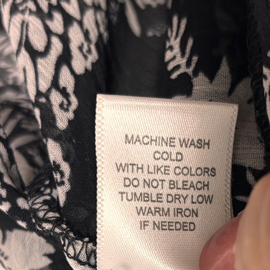 Roz & Ali Blouse Black White Floral Paisley Sheer Chiffon Button Up Career Large
