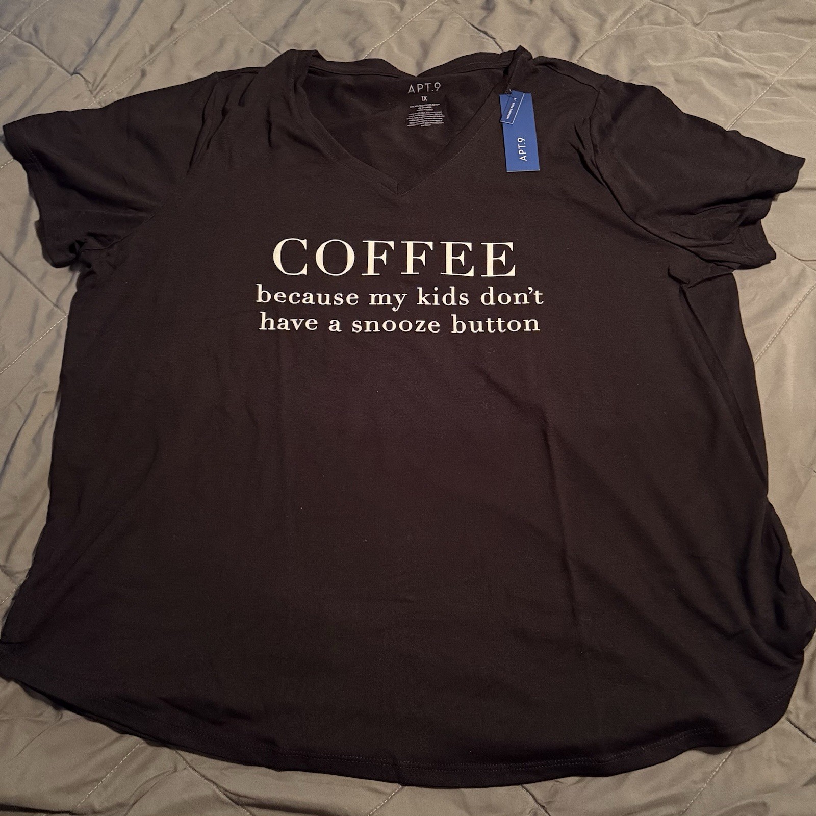 APT. 9 Women’s Plus V-Neck Tee, Size 1X, Black. “COFFEE because” graphic tee