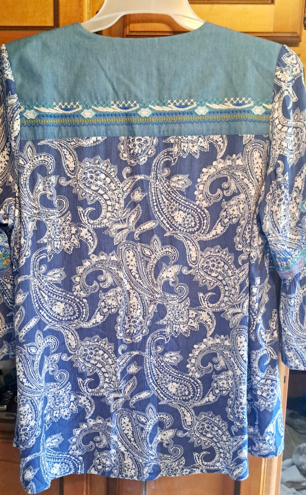 Caleoas Embroidered Paisley Split Round Neck 3/4 Sleeve Tunic Boho Cottagecore L