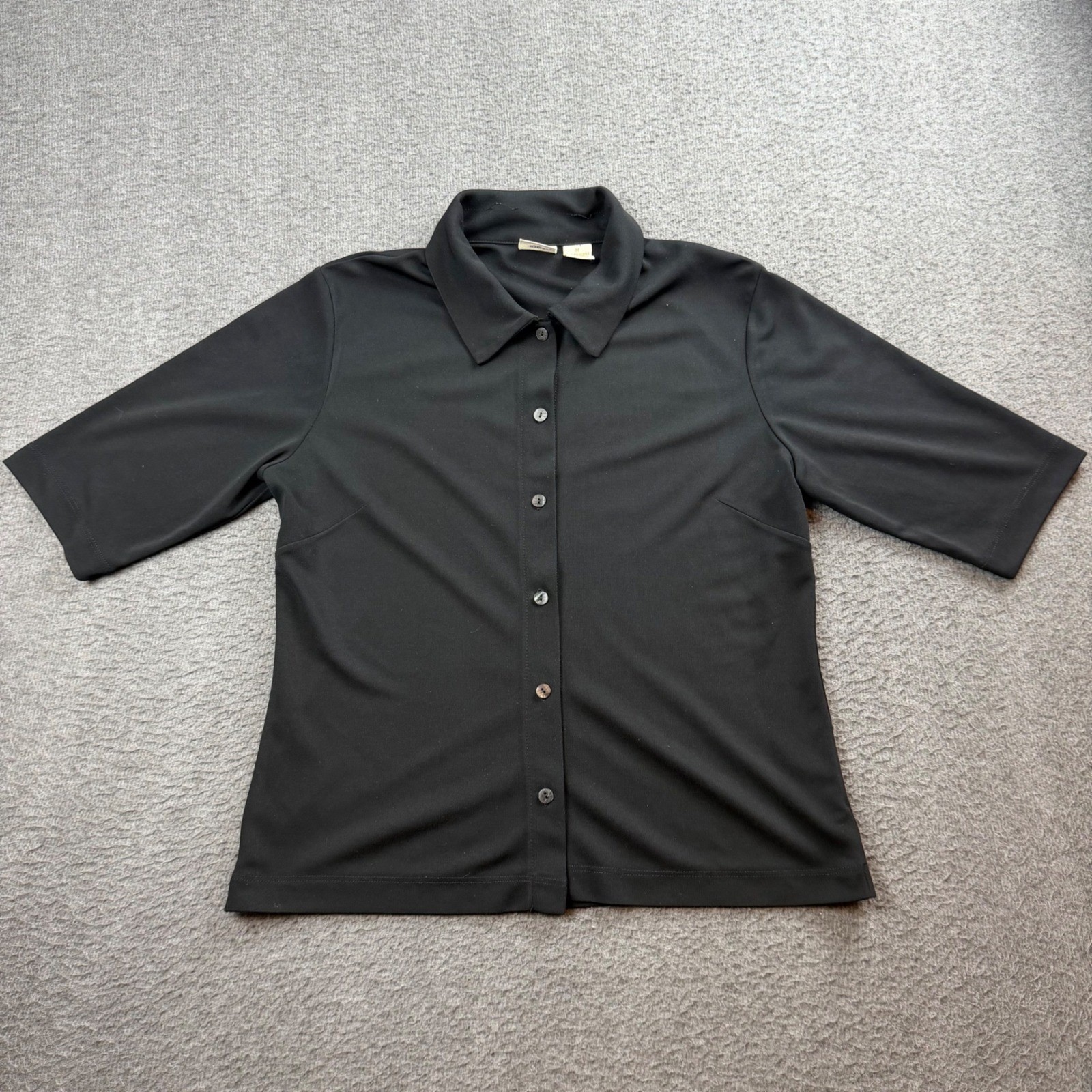 Merona Button Down Shirt Women’s Size M Black Short Sleeve Polyester Knit Top