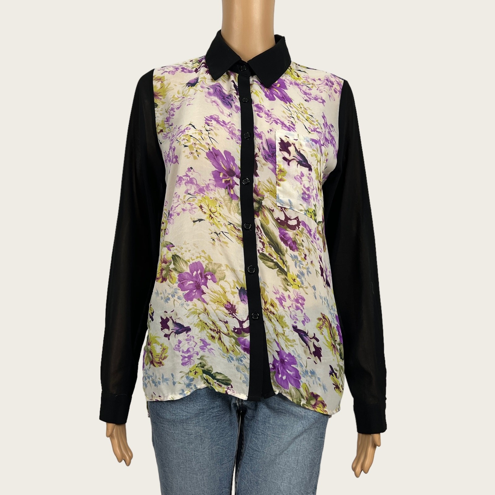 Forever 21 SMALL Sheer Floral Print Button Front Blouse Shirt Black White Purple
