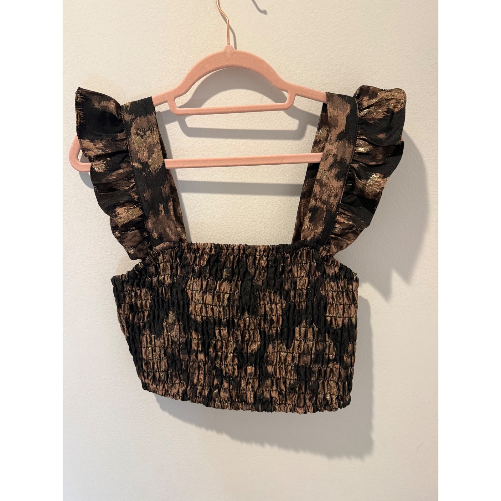 MISA Los Angeles Abelia Metallic Gold Black Smocked Ruffle Crop Top