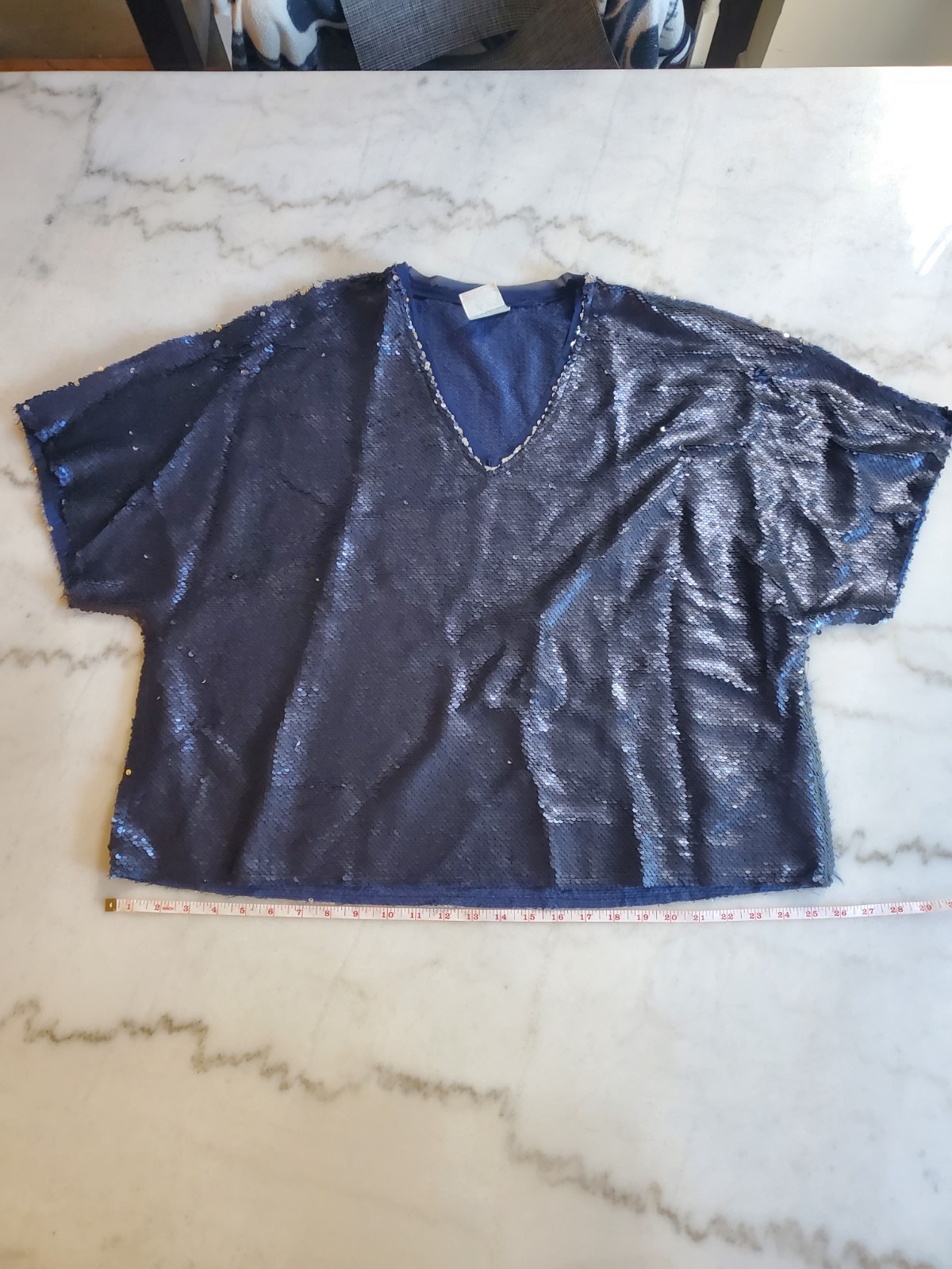 Vocal USA Dark Blue Sequin Chain Sleeve V neck Large Women’s Party Blouse New A4