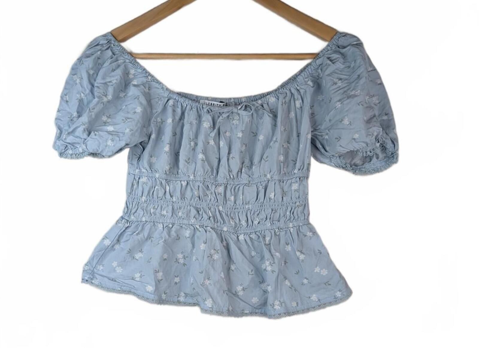 Celebrity Pink Light Blue Ruched Floral Puff Sleeve Smocked Crop Top XS