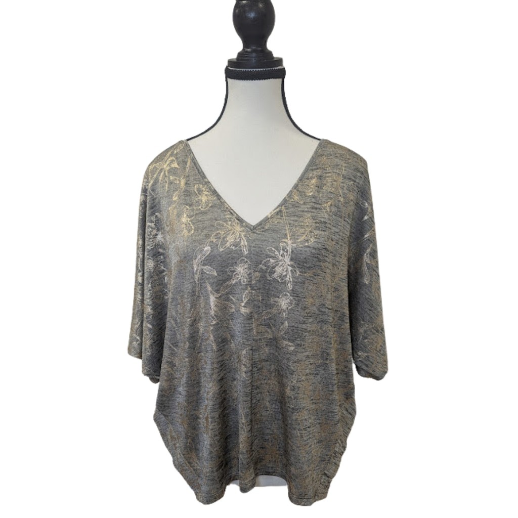 Metallic Foil Dolman Top | WHBM Gold Floral V-Neck Soft Knit Blouse M NWT