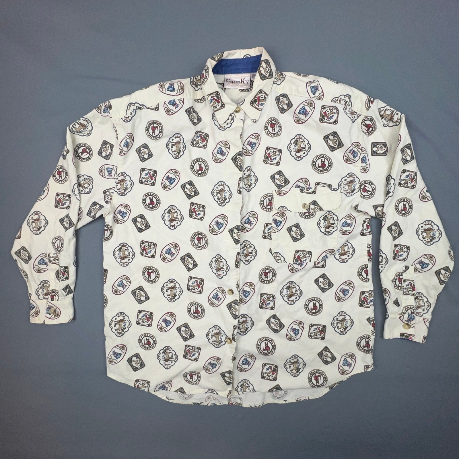 Vintage Copper Key Shirt L | Women’s | 100% Cotton | Novelty Crest Print | 90s