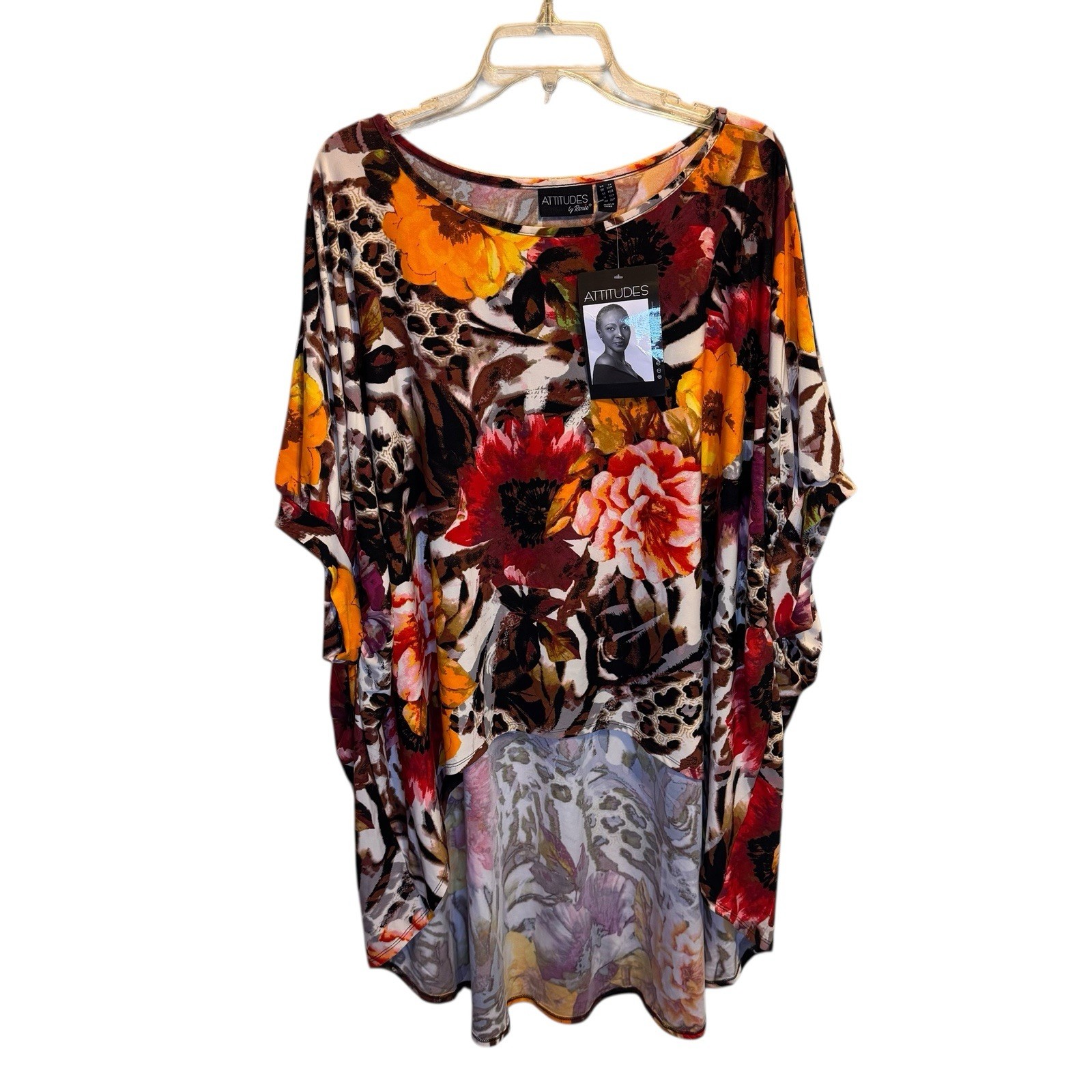ATTITUDES by Renee Global Illusions Como Jersey Tunic Red Brown Fierce Floral LP
