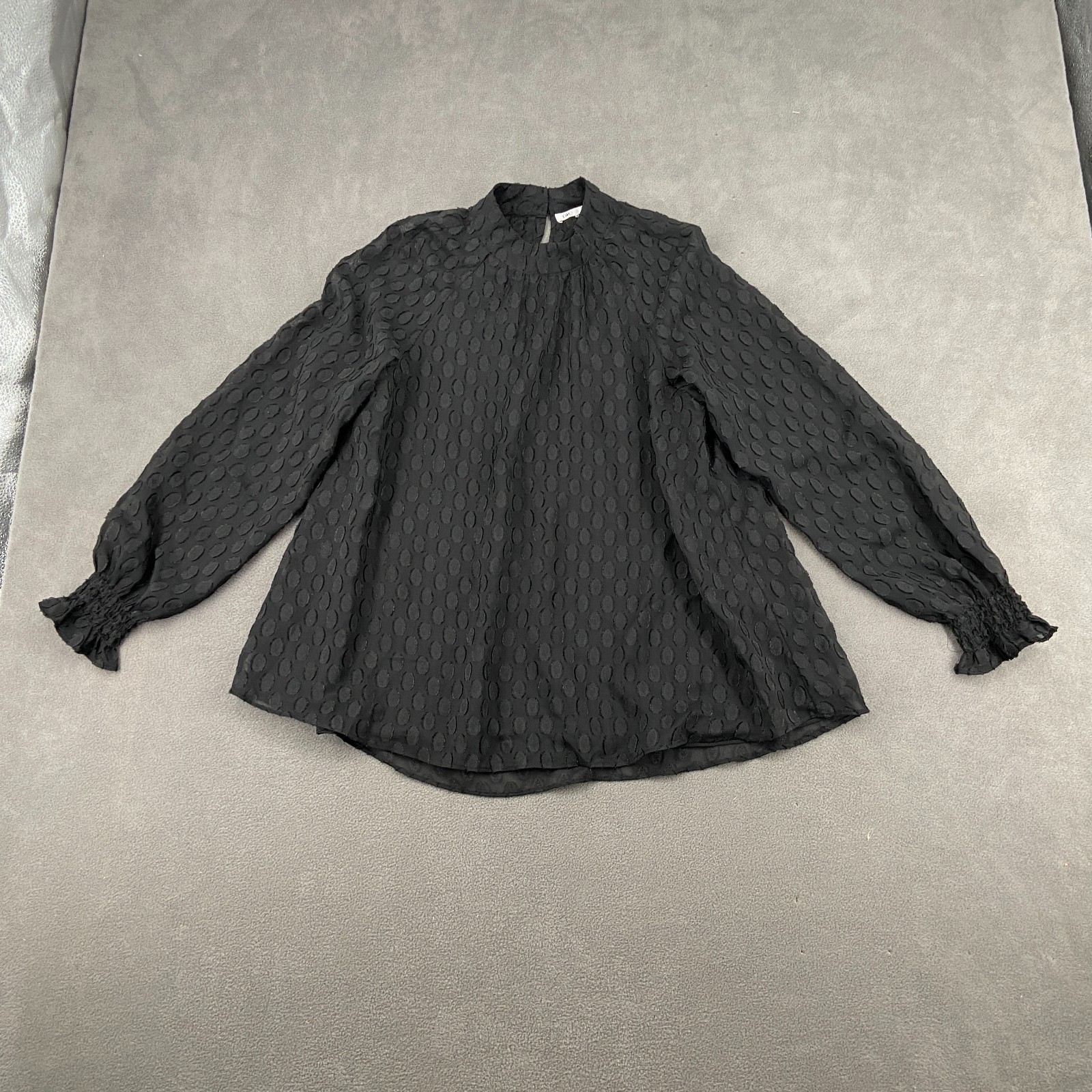 DR2 Blouse Top Womens Small Black Ruched Cuff Mock Neck Keyhole Back Round Hem