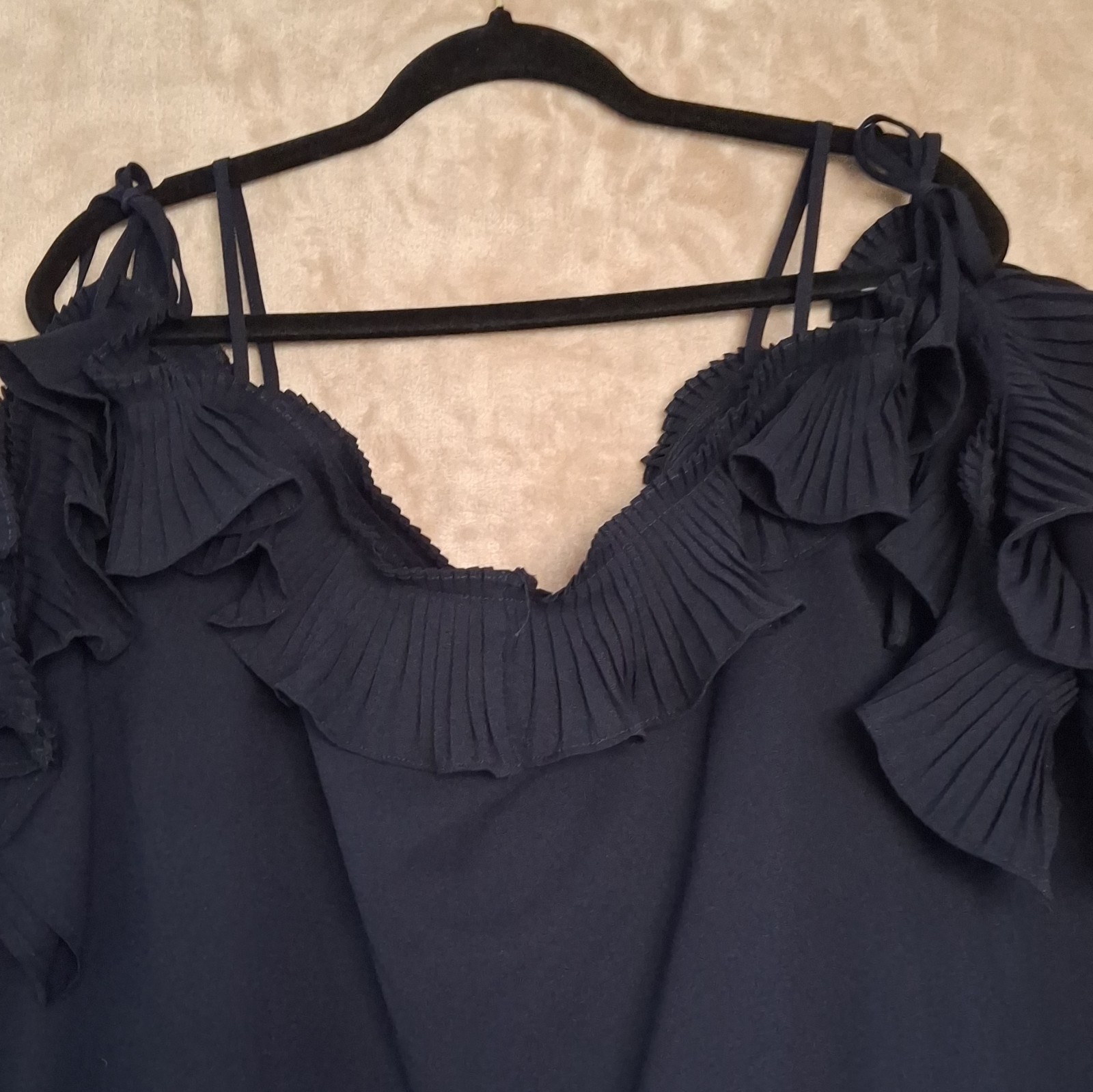Symphony+ Navy Chiffon Ruffle Pleated V-Neck Spaghetti Strap Blouse Plus 3XL