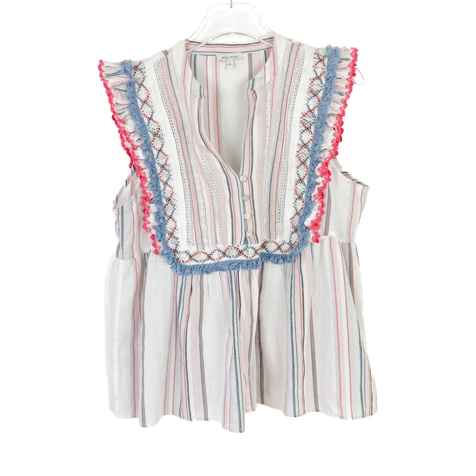 Ella Moss Natalia Ruffle Baby Doll Top Sleeveless Fringe Size Large L EUC L2191