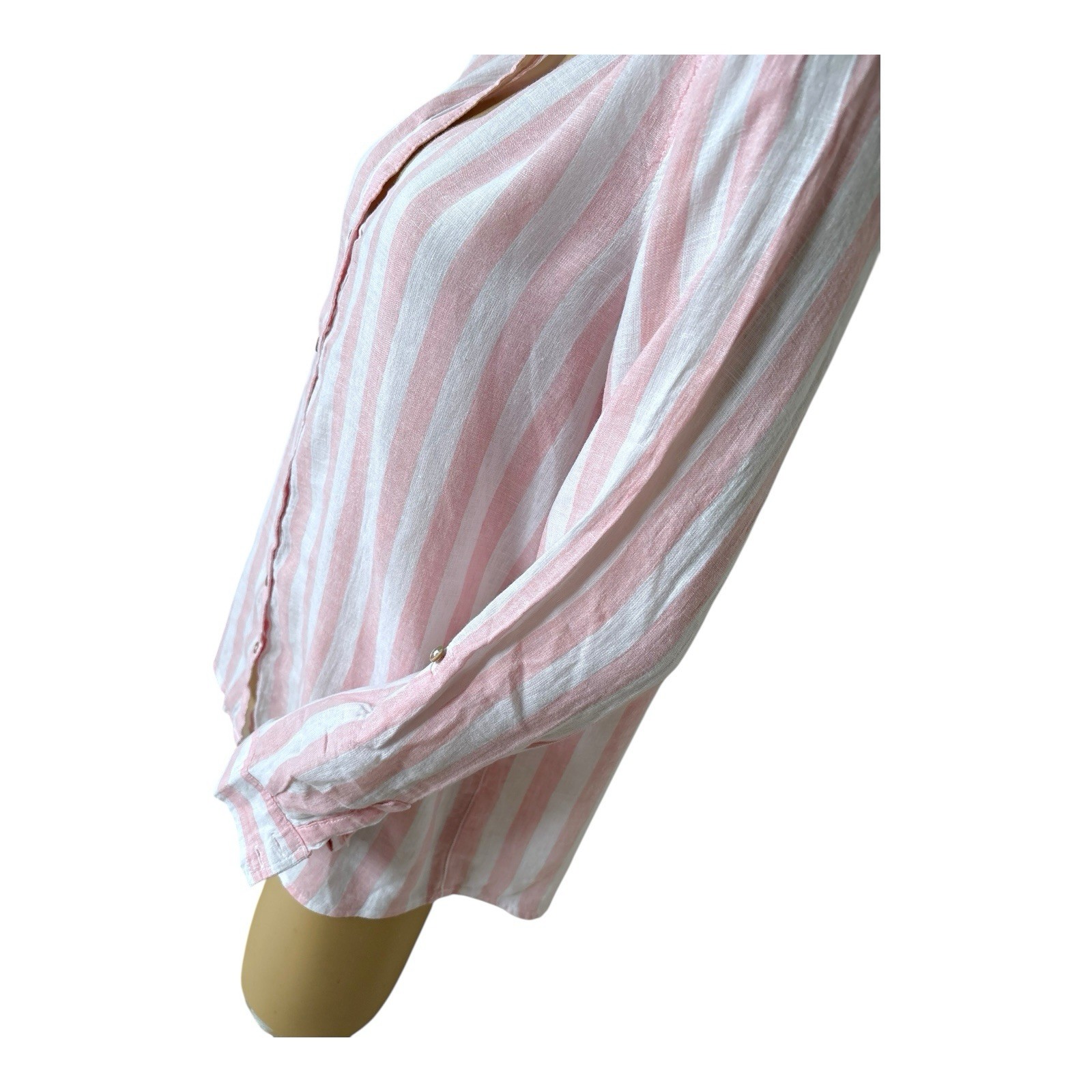 C&C California Pink White Stripe Linen Button Up Tunic Convertible Sleeve Medium