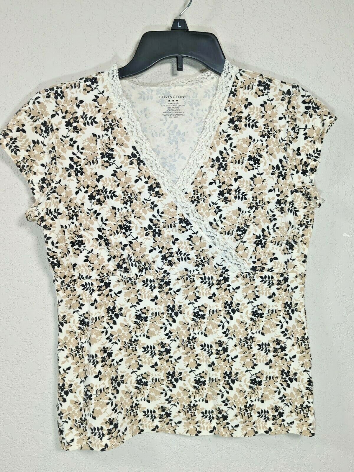 Covington Black Beige Floral Print Knit Top Lace Edges Casual Size M