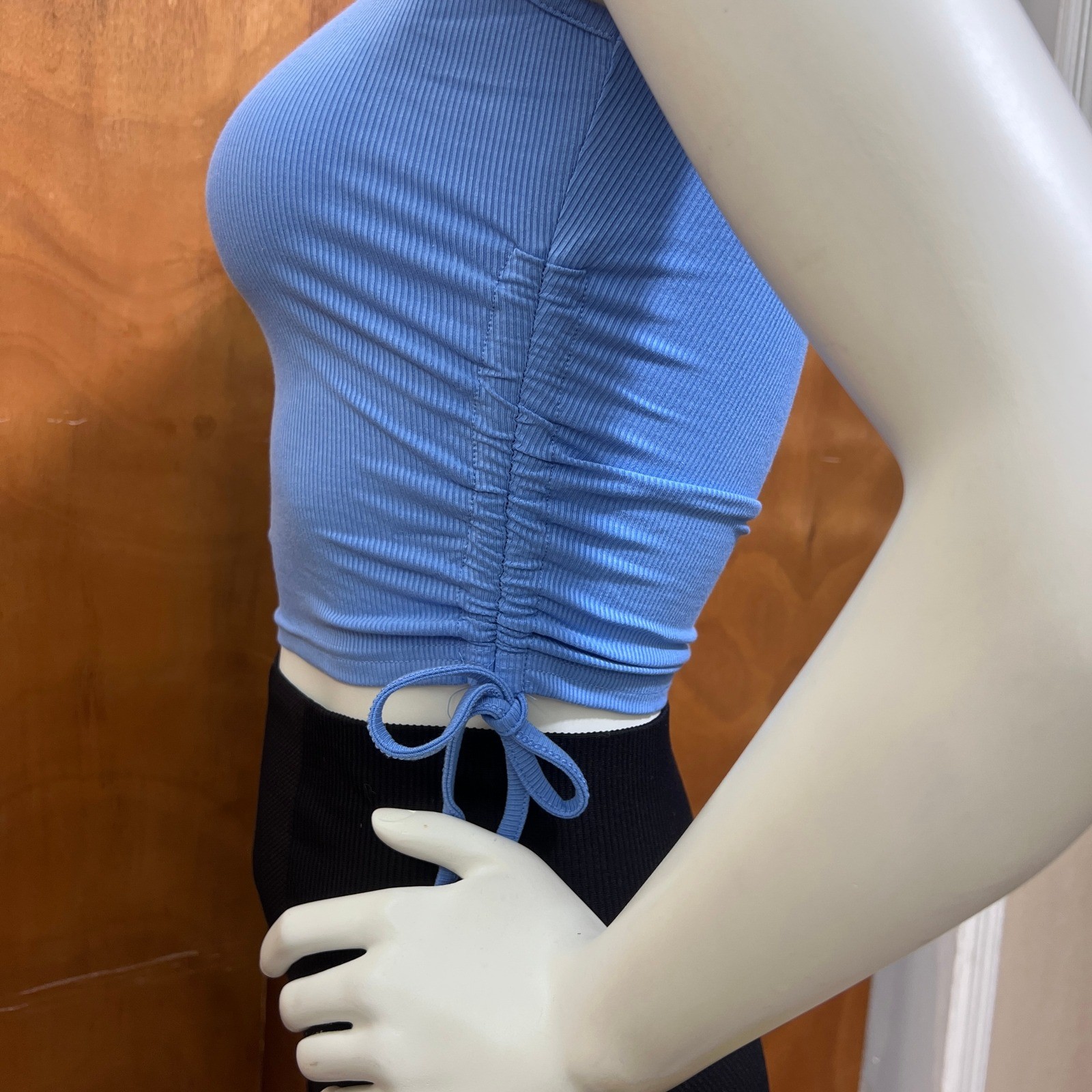 Women’s Blue Ribbed drawstring Ruched Side Ties Tank Top Size L
