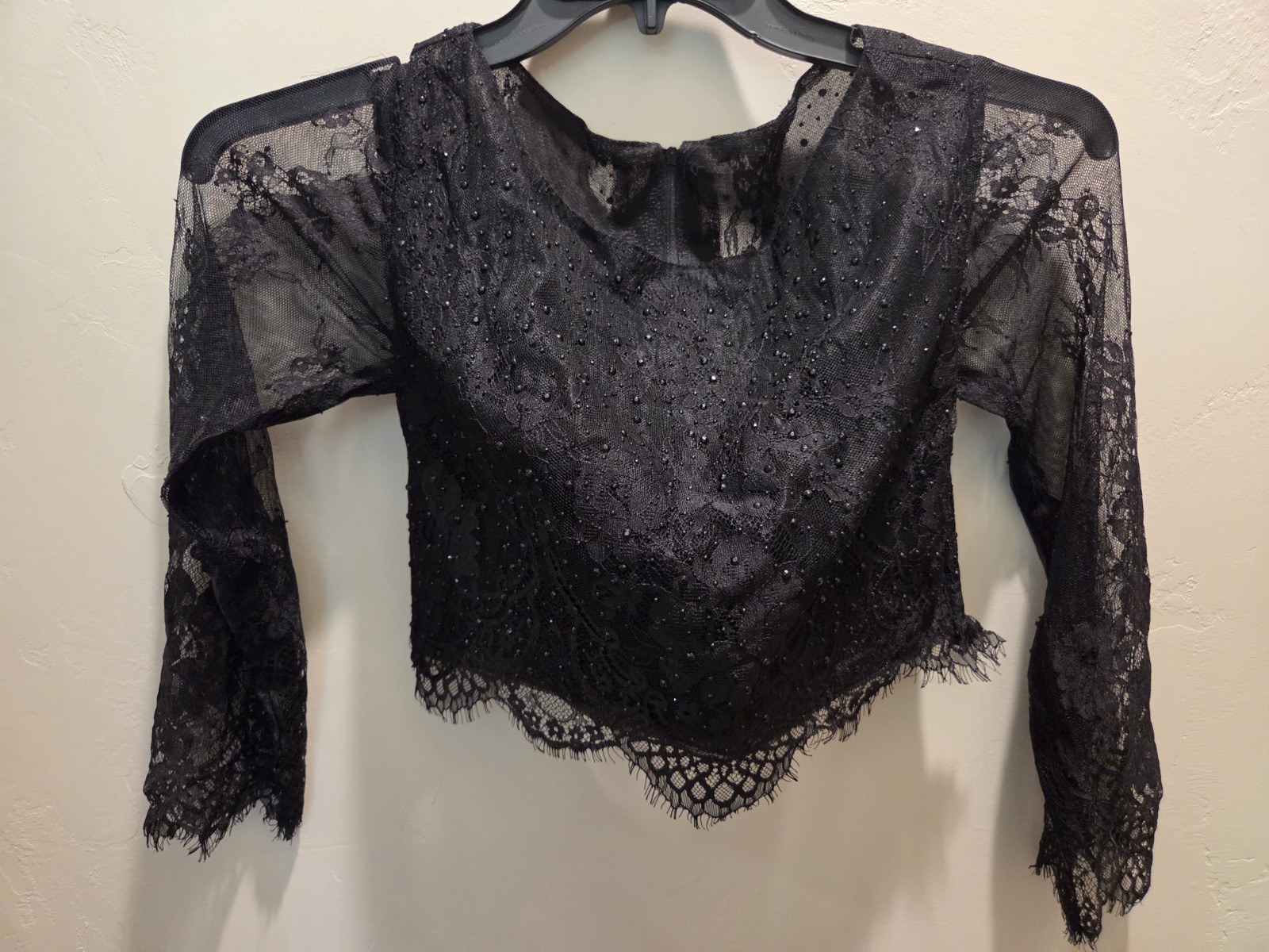 Womens Whimsigoth Beaded Lace Fringe Size Small Zippered Back Black Top -00826