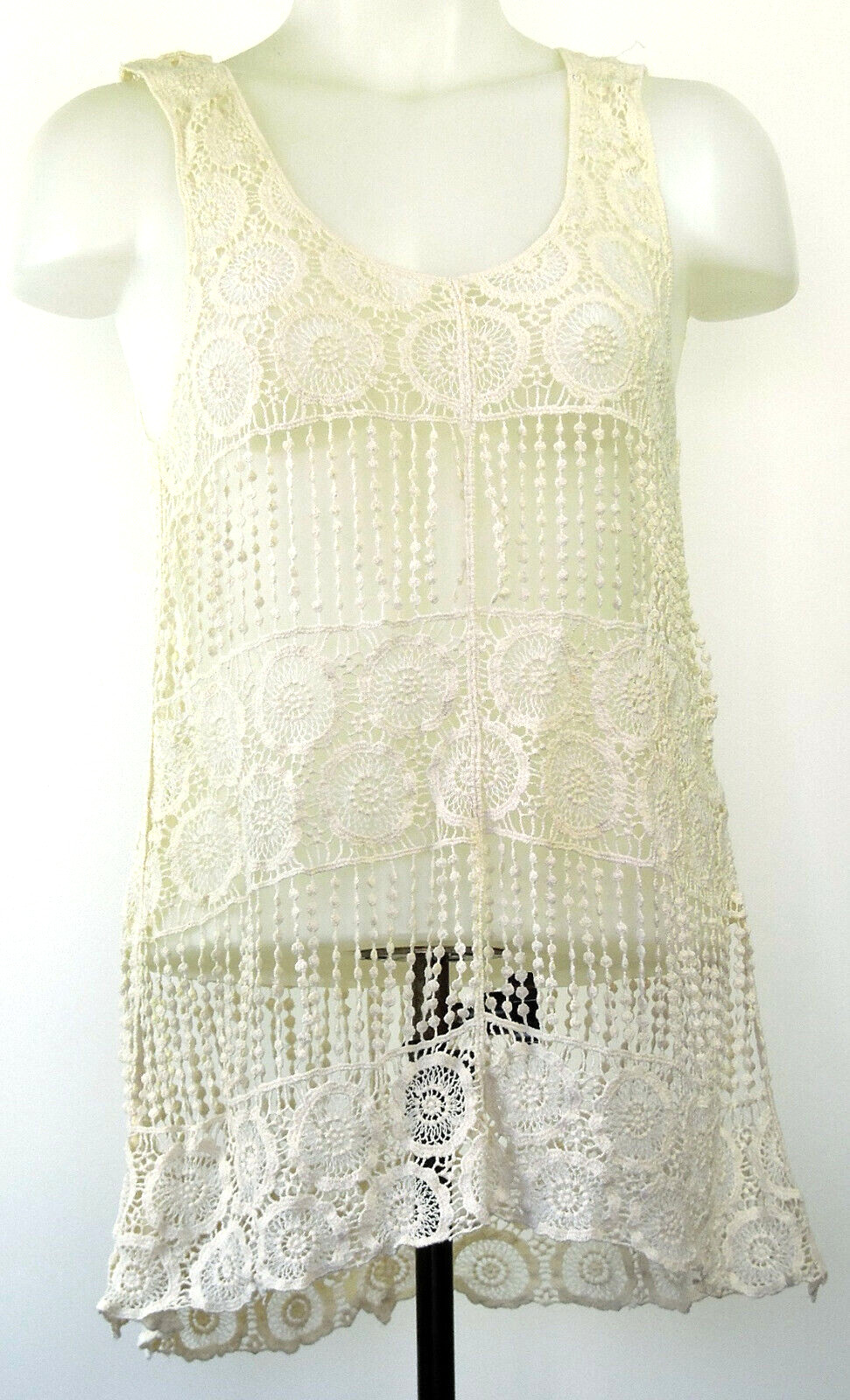 Living Doll Pretty Boho Summer Ivory Crochet Lace Layering Tunic Tank Top XS/S
