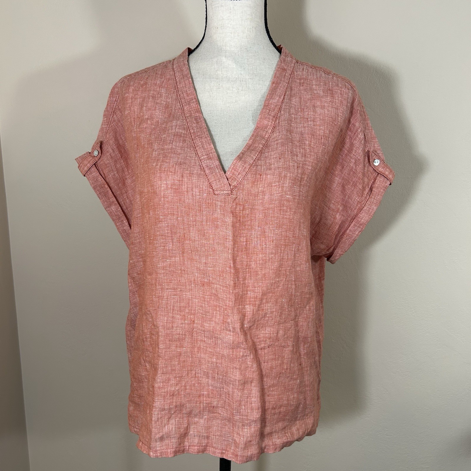 Isaac Mizrahi New York Linen Tunic Top XL Orange Boxy V Neck Boho Coastal Beach
