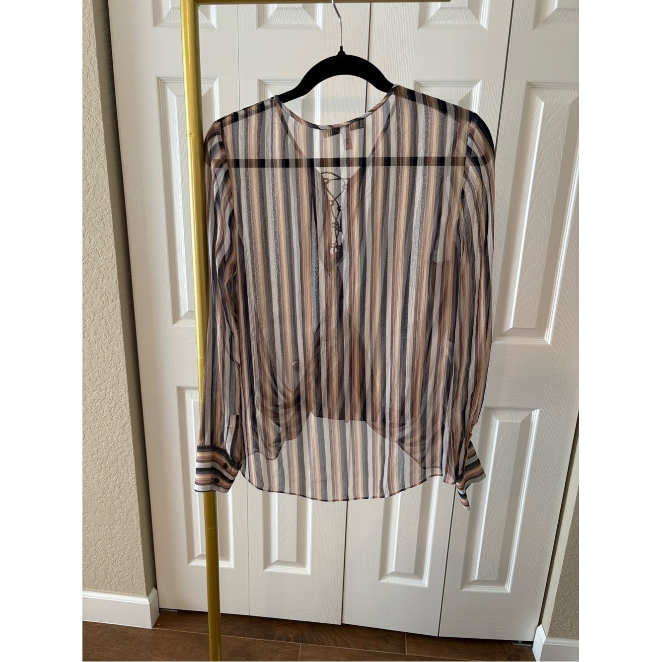 Derek Lam Top SheerLace-Up Long-Sleeve Blouse Neutral Multi-Stripe Size 6 Boho