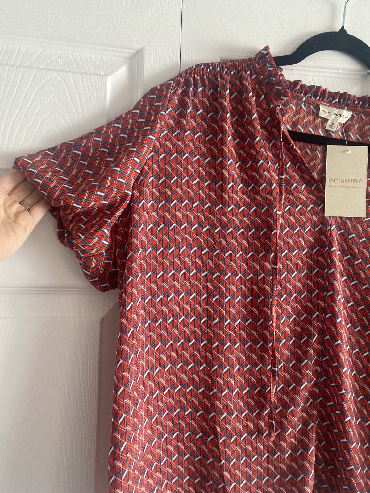 ee:some Geometric Print Ruffle Tie Neck Blouse Womens Size M Chic Office Flowy