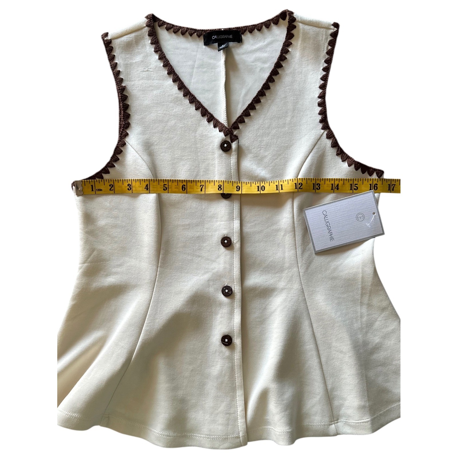 Calligraphie Cream Brown Crochet Trim Button Front Peplum Vest Top Small NWT