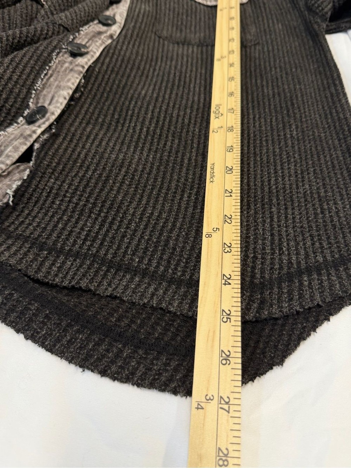 New In Waffle Knit Hooded Button-Up Shirt Jacket in Charcoal Mineral Wash Trim