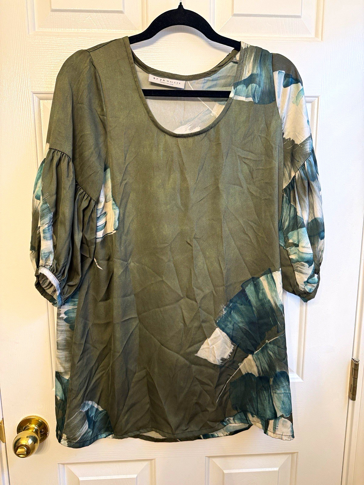 Bryn Walker Green Blue White Abstract Scoop Neck 3/4 Balloon Sleeve Blouse XS