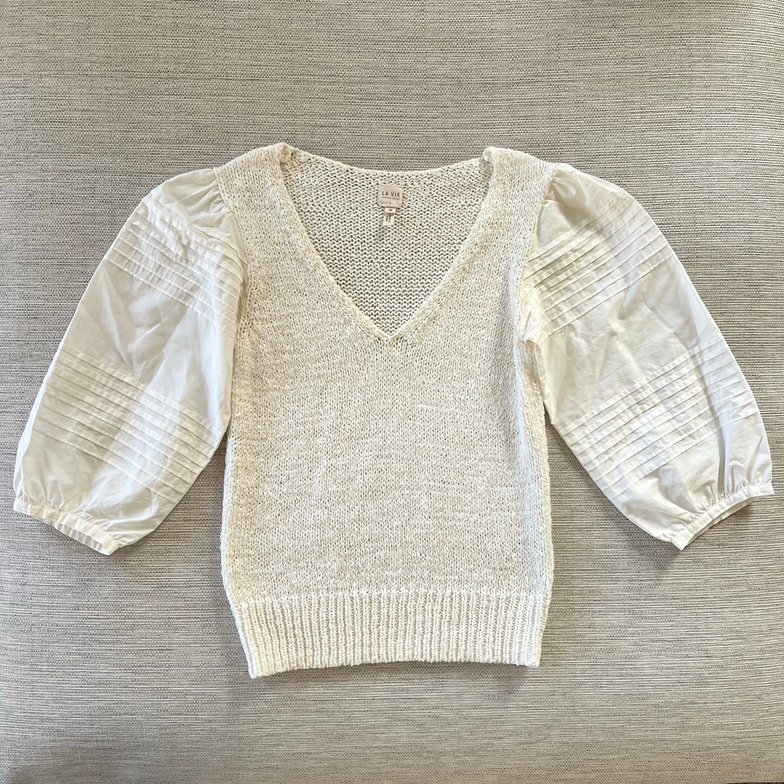 La Vie Rebecca Taylor Knit Blouse with Poplin Cotton Sleeves XS Cream Ivory Ecru