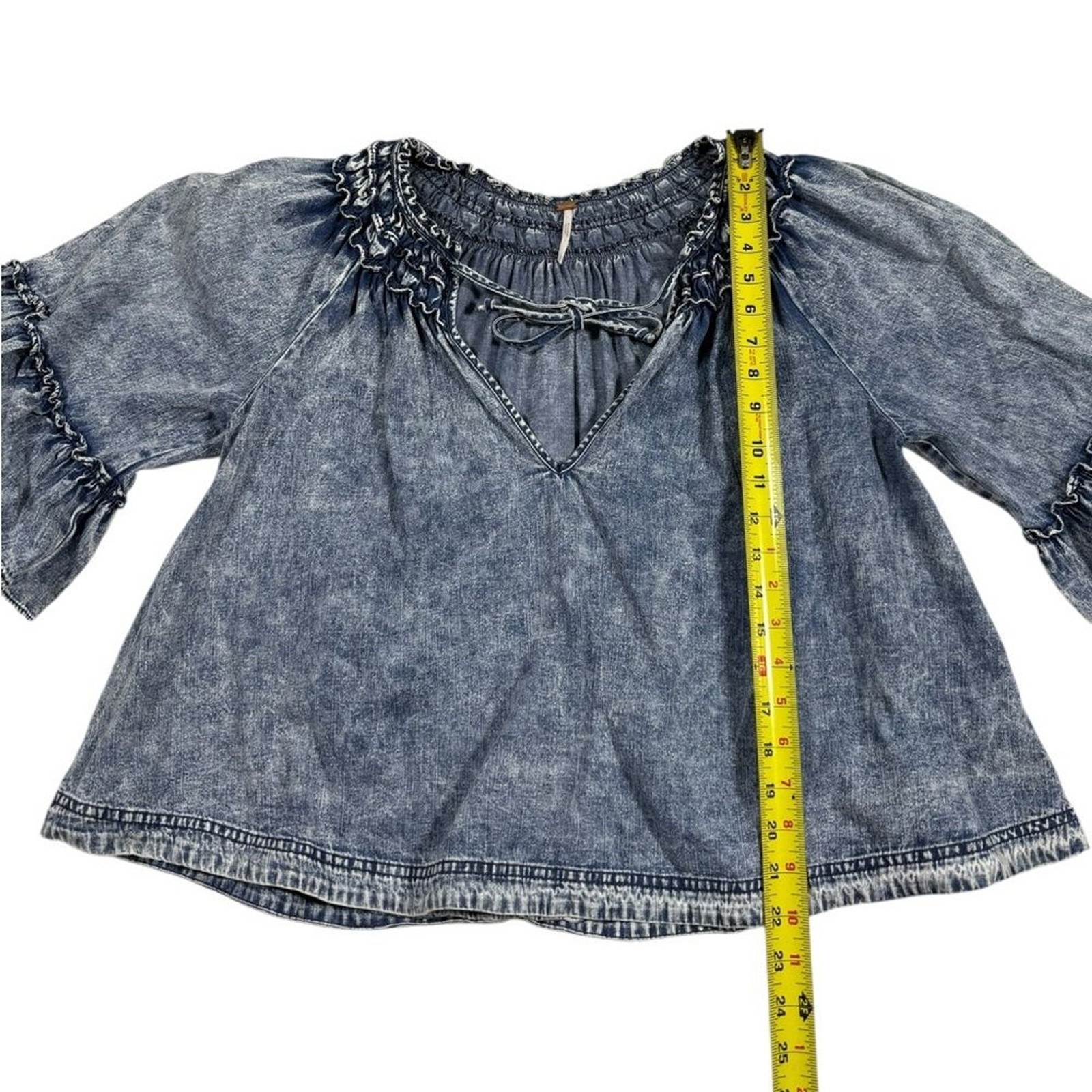 Free People Ainsley Top Women Small Blue Acid Wash Denim Blouse Bell Sleeve Boho