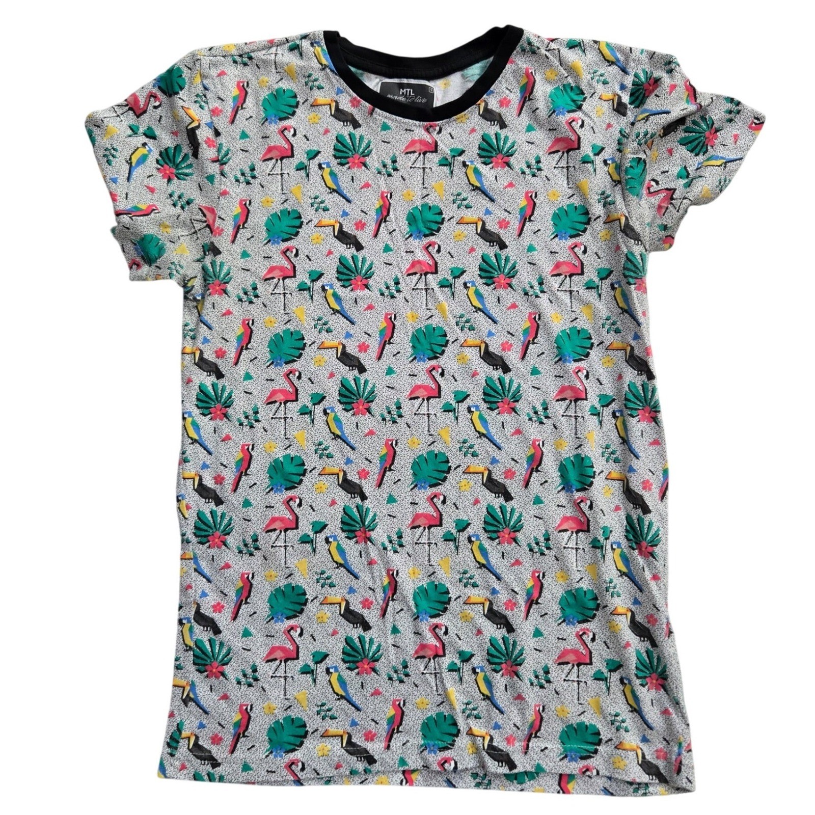 MTL Made To Live NYC Flamingo Parrot Graphic Tee Small 90s Saved By The Bell