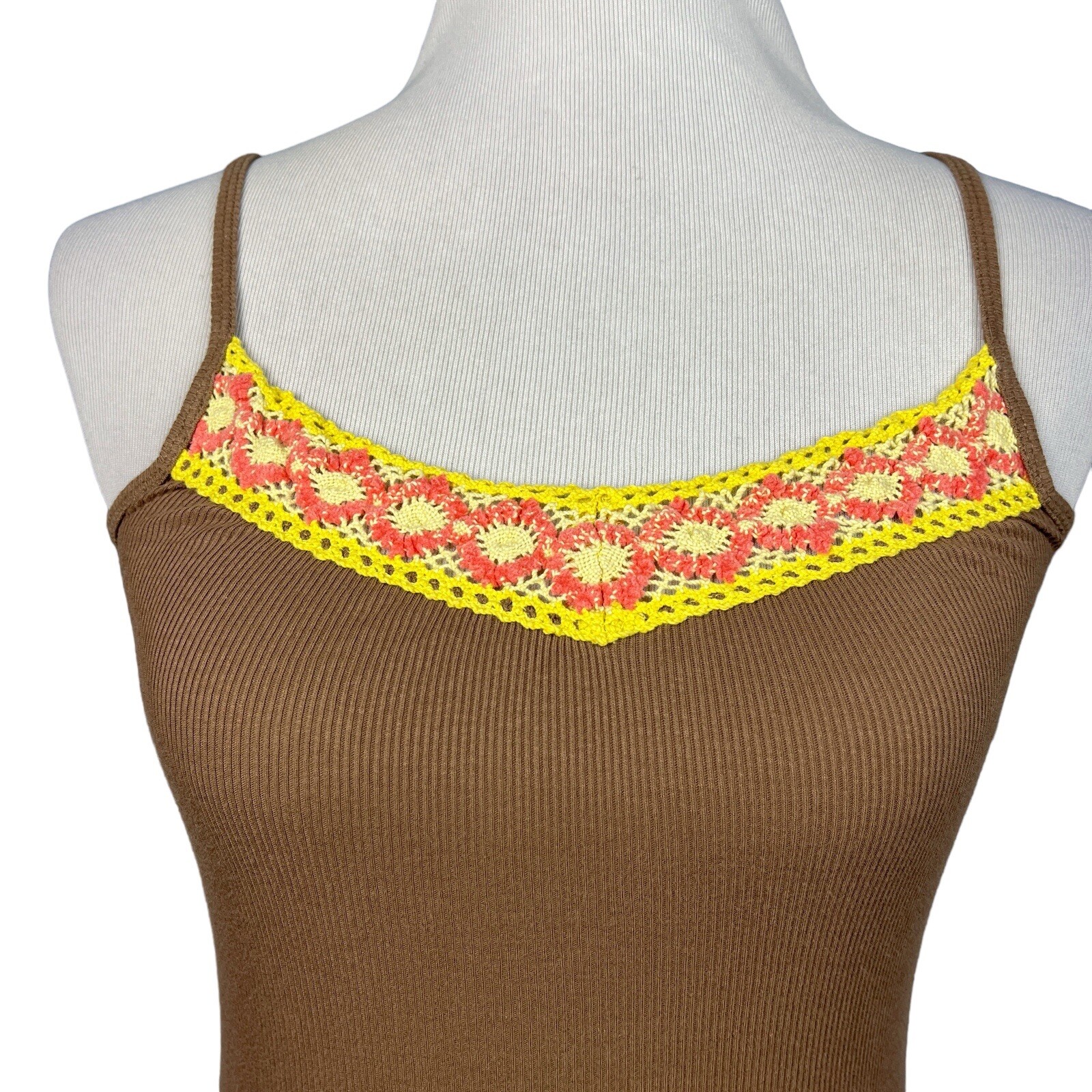 Vintage Y2K Free People Cami Top Size Small Brown Fairy Crochet Trim Floral Tank