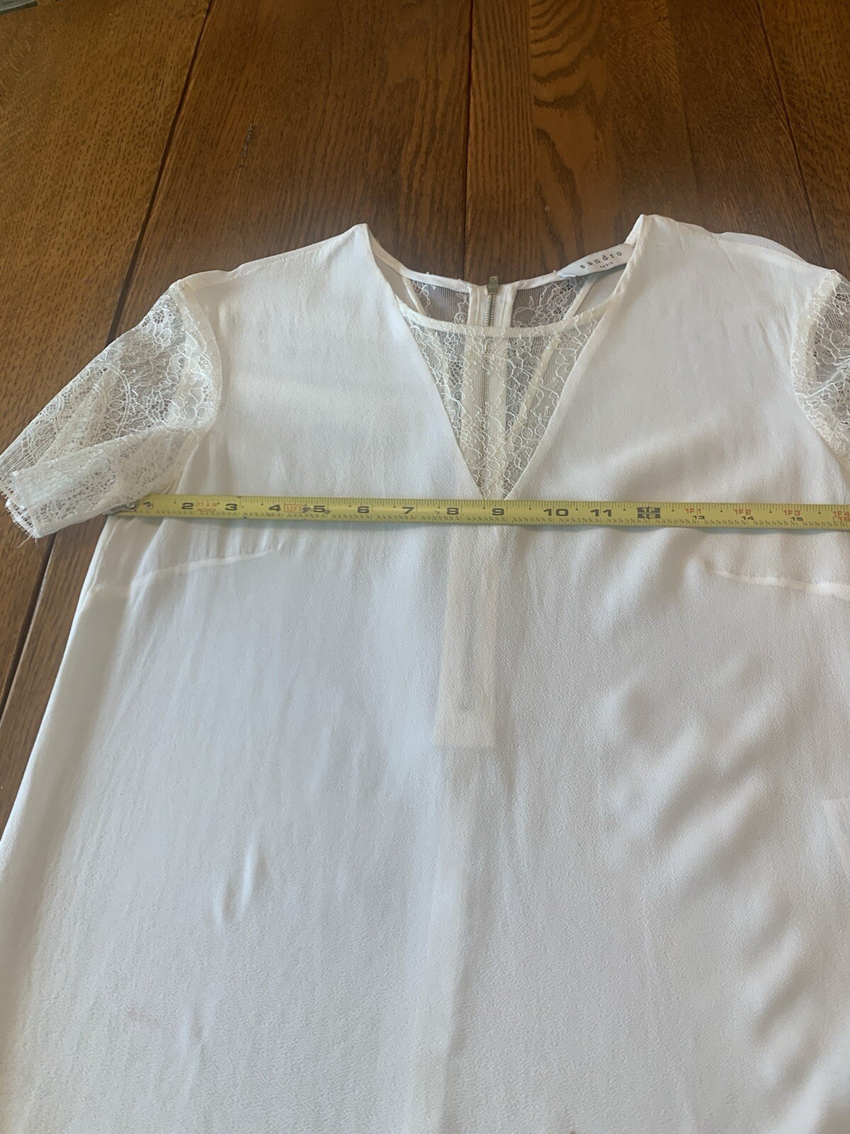 Sandro Paris Designer Woman’s Blouse with Lace Insert Gold Zipper In Back Sz Sm
