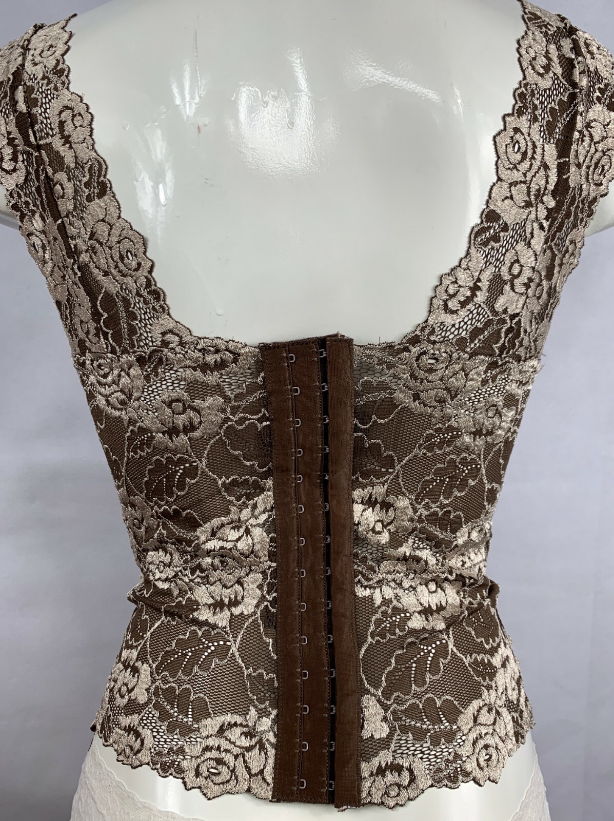 SEQUINNED LACE TOP CAMI WAIST LENGTH BLOUSE IN BROWN BEIGE COLOR HAND BEADED.
