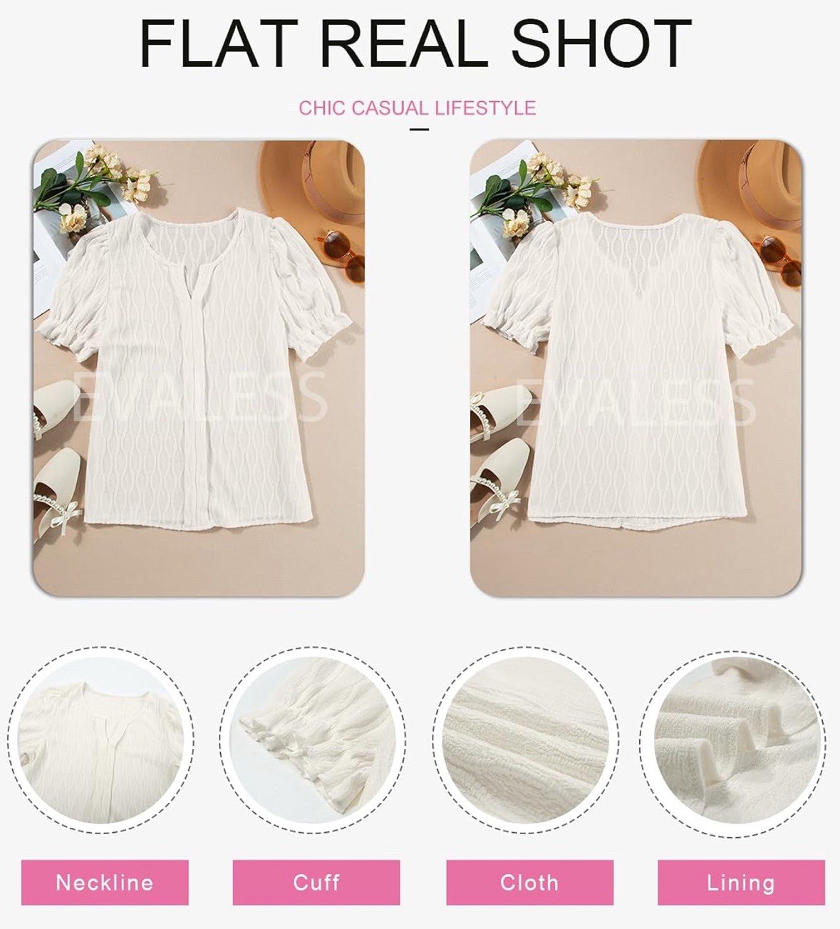 EVALESS Womens Medium Top Cute Puff Sleeve Blouse Front Placket Ivory Textured