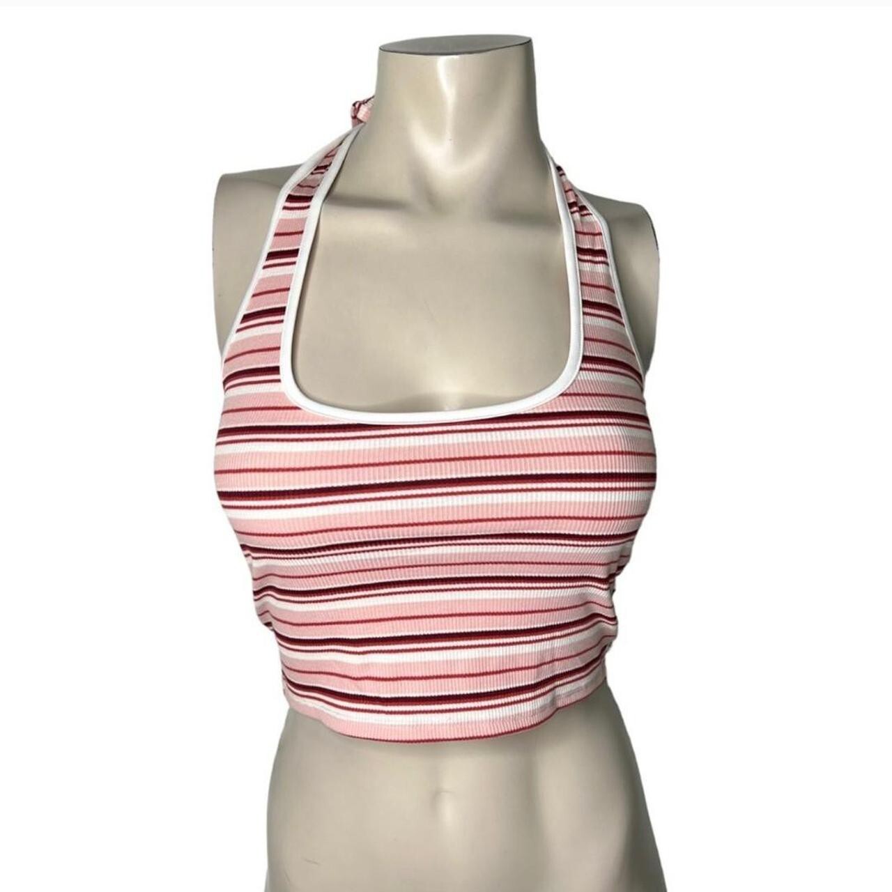 🆕Pink/Red Multicolor Stripe Design Stretchy Ribbed Halter Open Back Top~Size S
