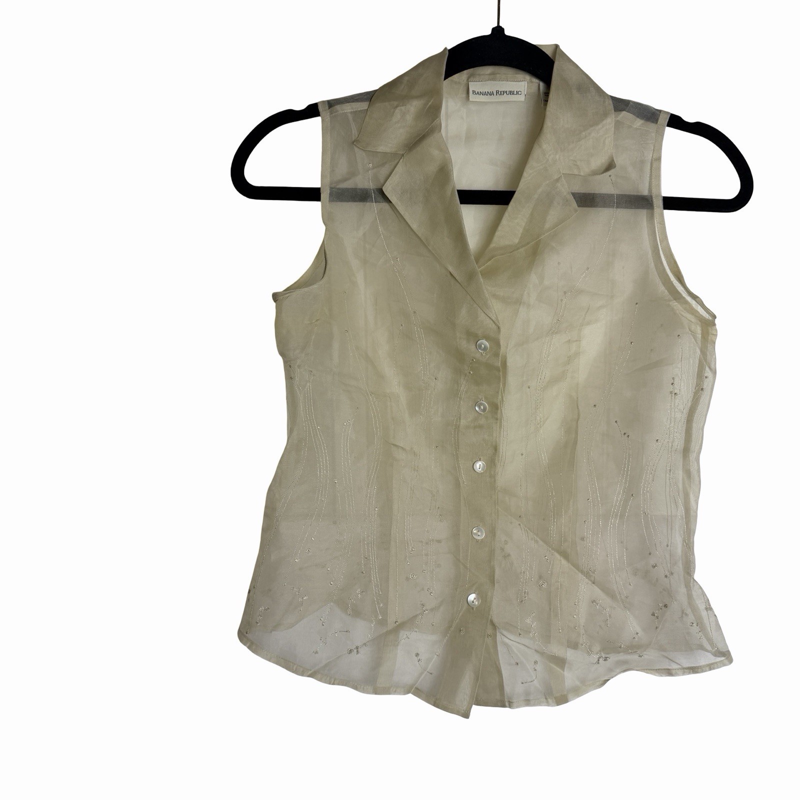 100% Silk Ethereal Blouse Sheer Sleeveless Women XS Button Up Embroidered Collar