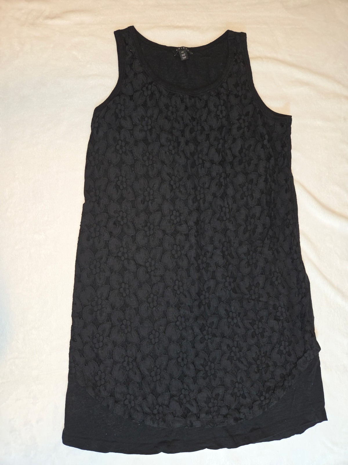 020-Tribal Women Large Black Floral Lace Sleeveless Tunic Tank Top L Boho Casual
