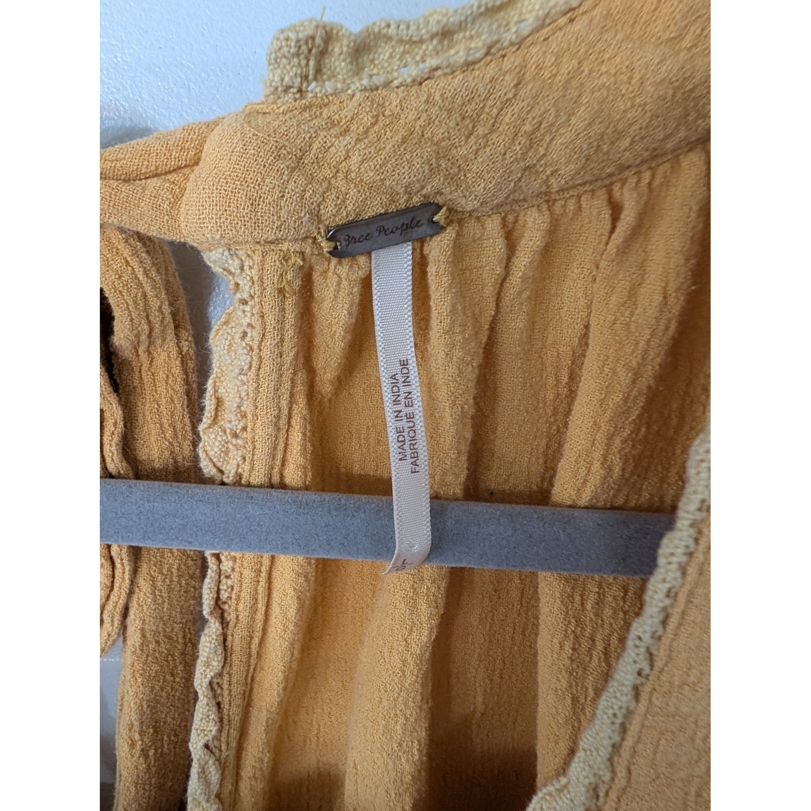 Free People Mustard Gauze Crochet Lace Trim Tunic Top mini dress Boho Large