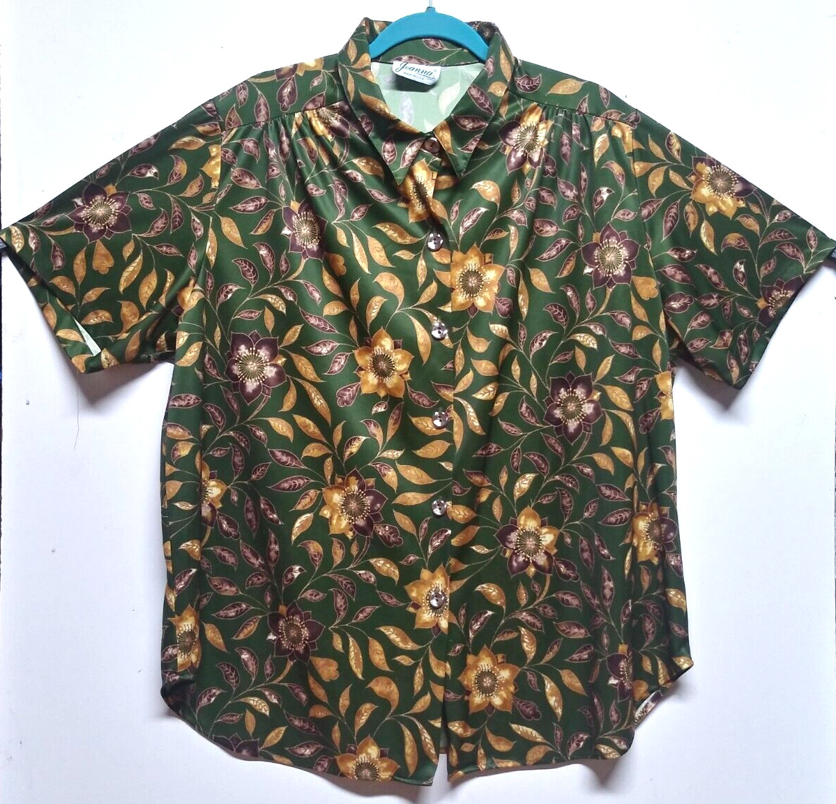 Joanna VTG Floral top XL/2X/3X Green yellow brown collar button up stretch SS