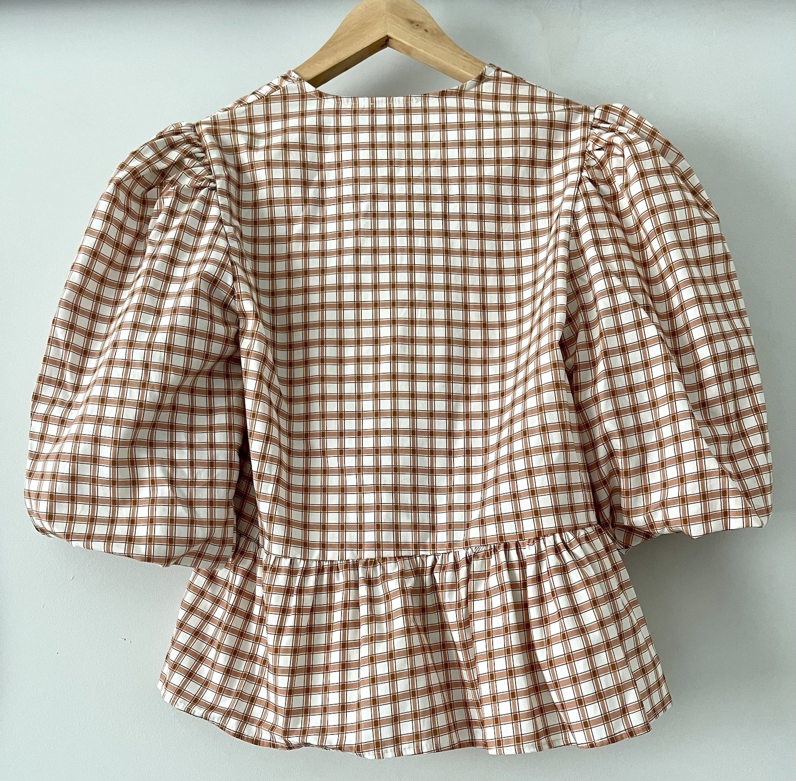 ASOS DESIGN Women’s Brown White Woven Cotton Plaid Peplum Puff Blouse XS