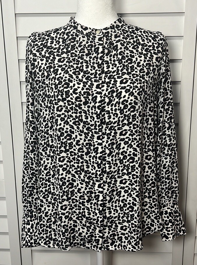 LOFT Leopard Print Long Sleeve Crossover Back Utility Button Down Top Size Small