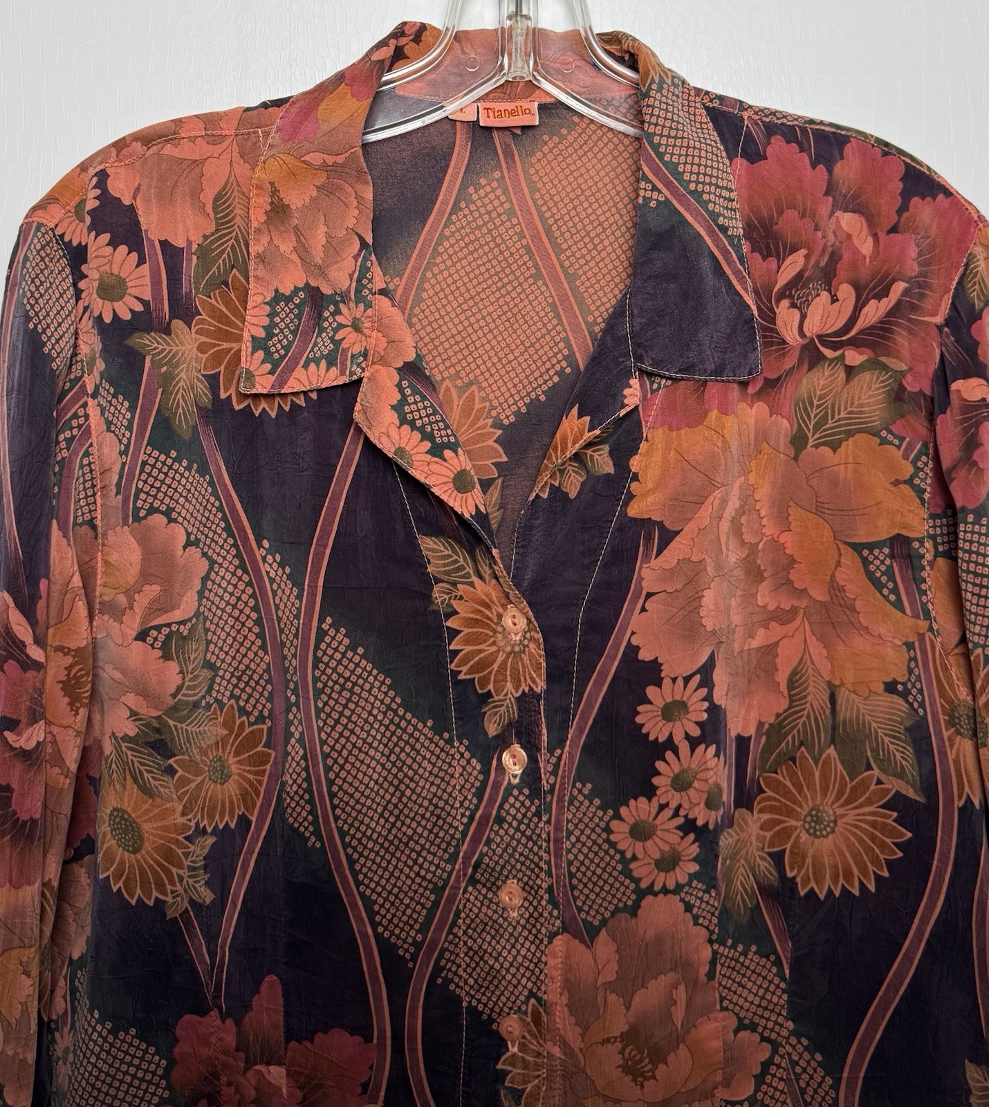 Vtg Tianello Floral Rayon Blouse Romantic Statement Sleeve Art To Wear L
