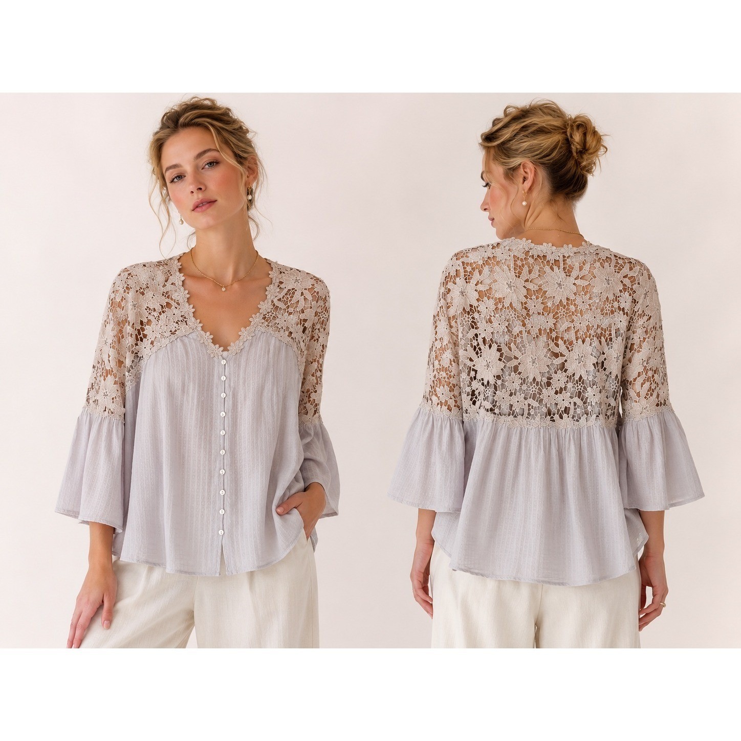 Floral Crochet Lace Yoke Ruffle Bell Sleeve Blouse L Gray Cottagecore Coquette
