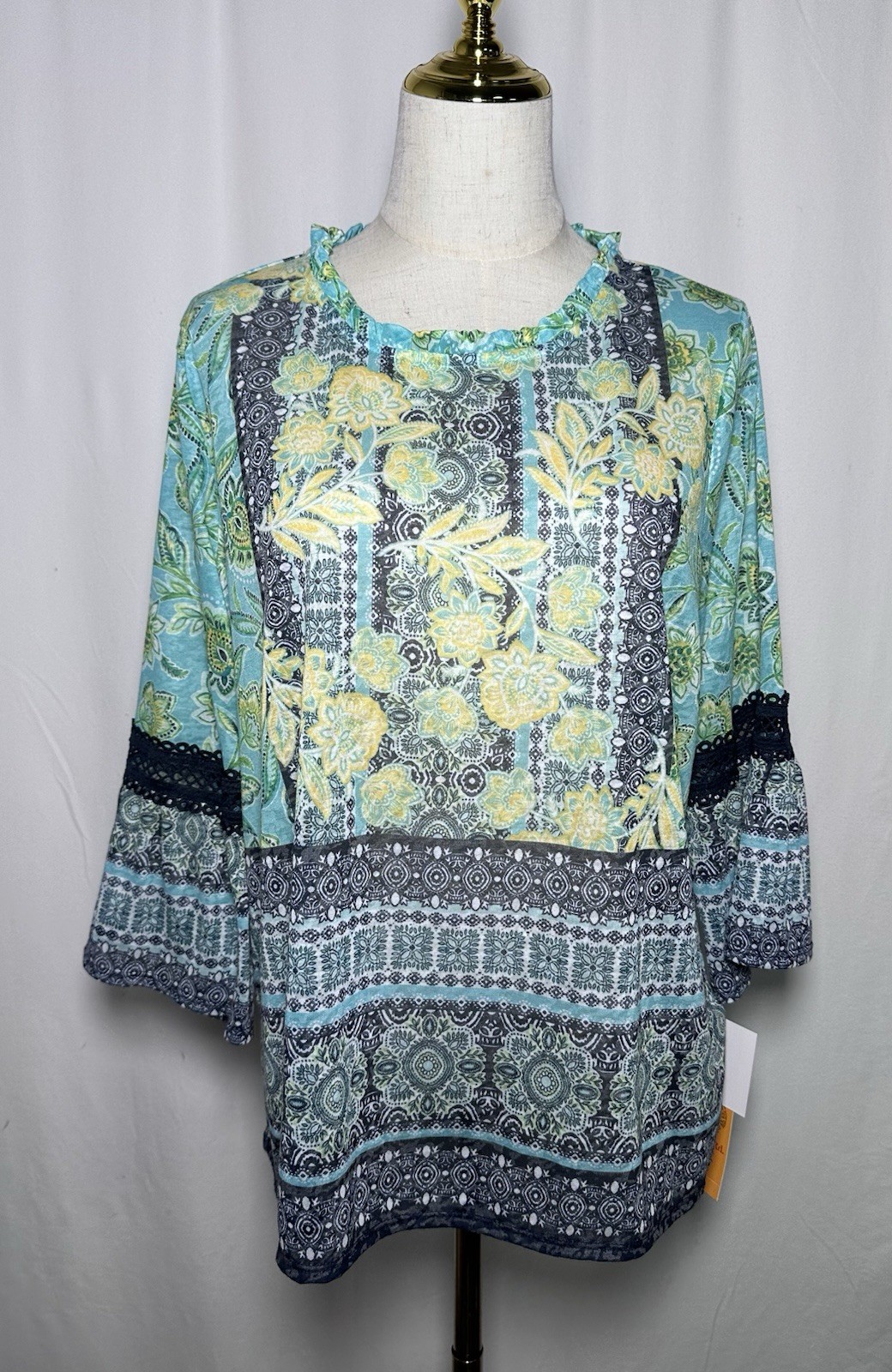Ruby Rd Top Shirt Blouse Women PXL Petite 3/4 Bell Sleeve Embroidered Green Blue