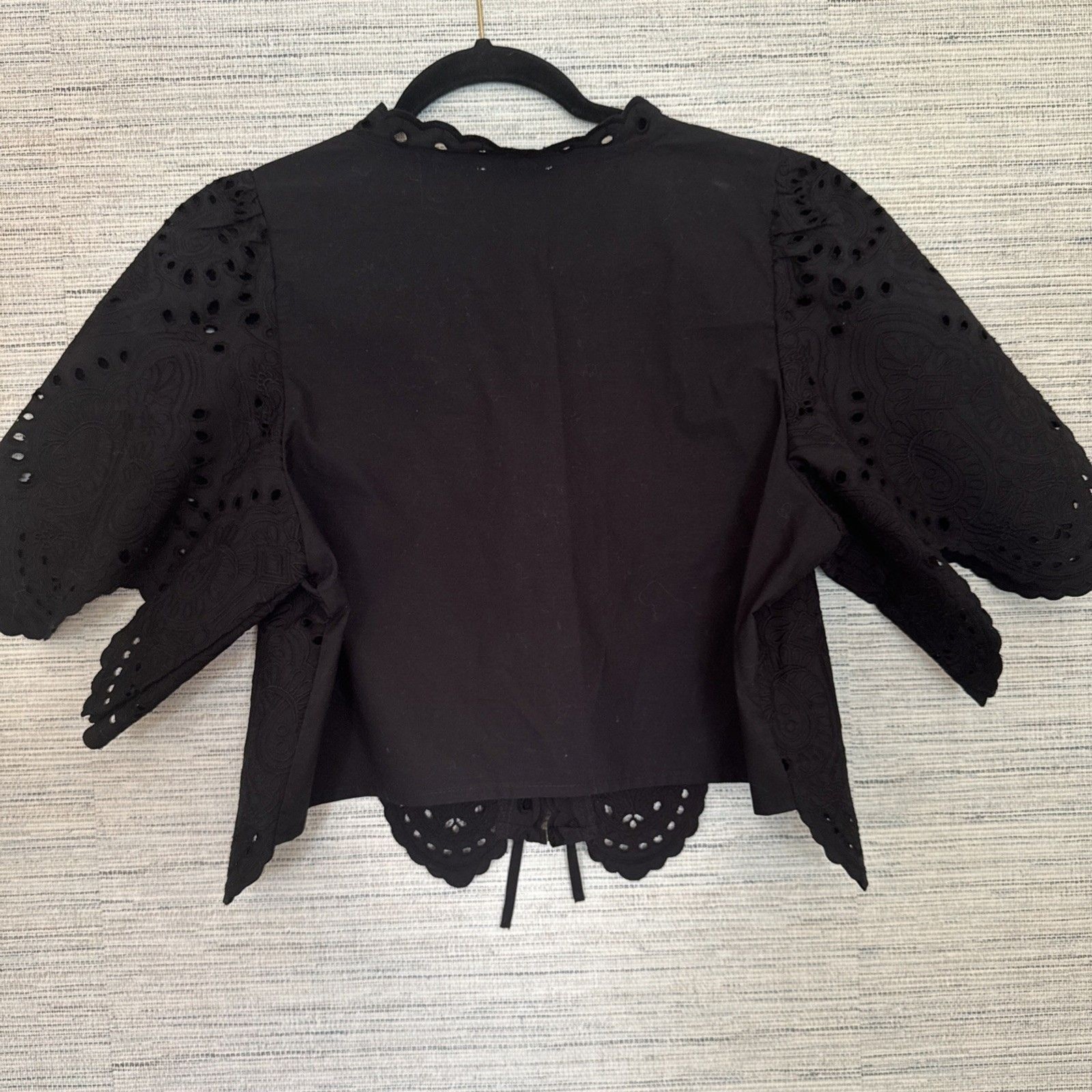 Moon River Top Boho Anthropologie Black Puff Sleeve Eyelet Front Tie Large