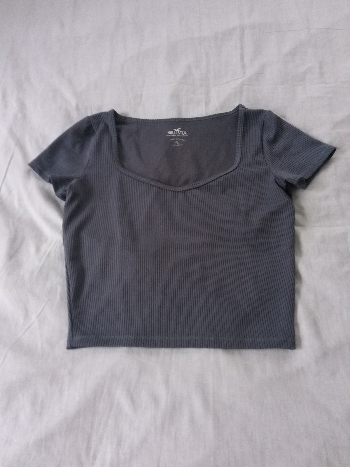 Hollister Ribbed Square Neck Short Sleeve Cropped Top Size S Gray