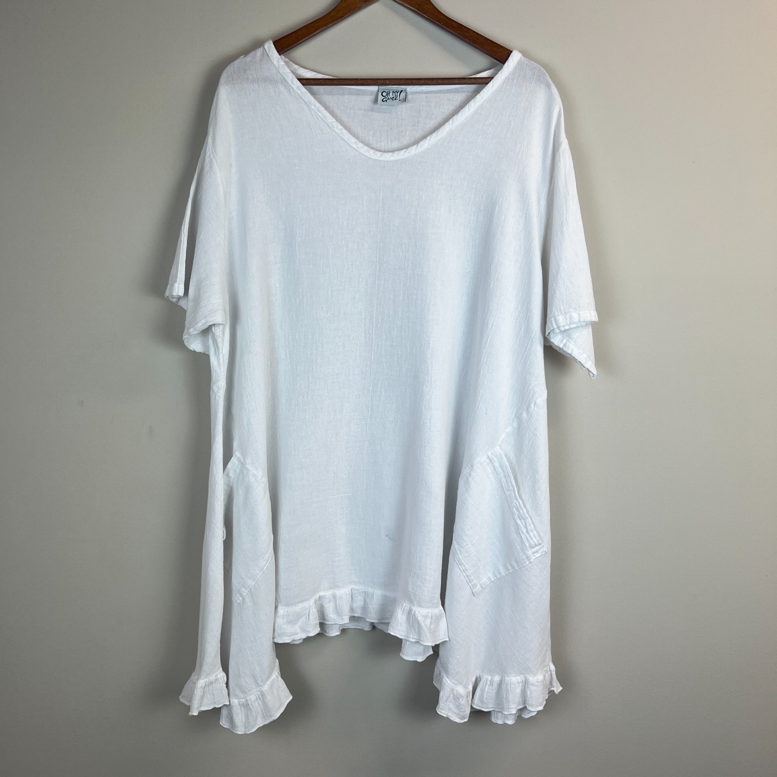Oh My Gauze! Tunic Top Womens 2 L/XL White Cotton Ruffle Boho Coastal Beachy Art