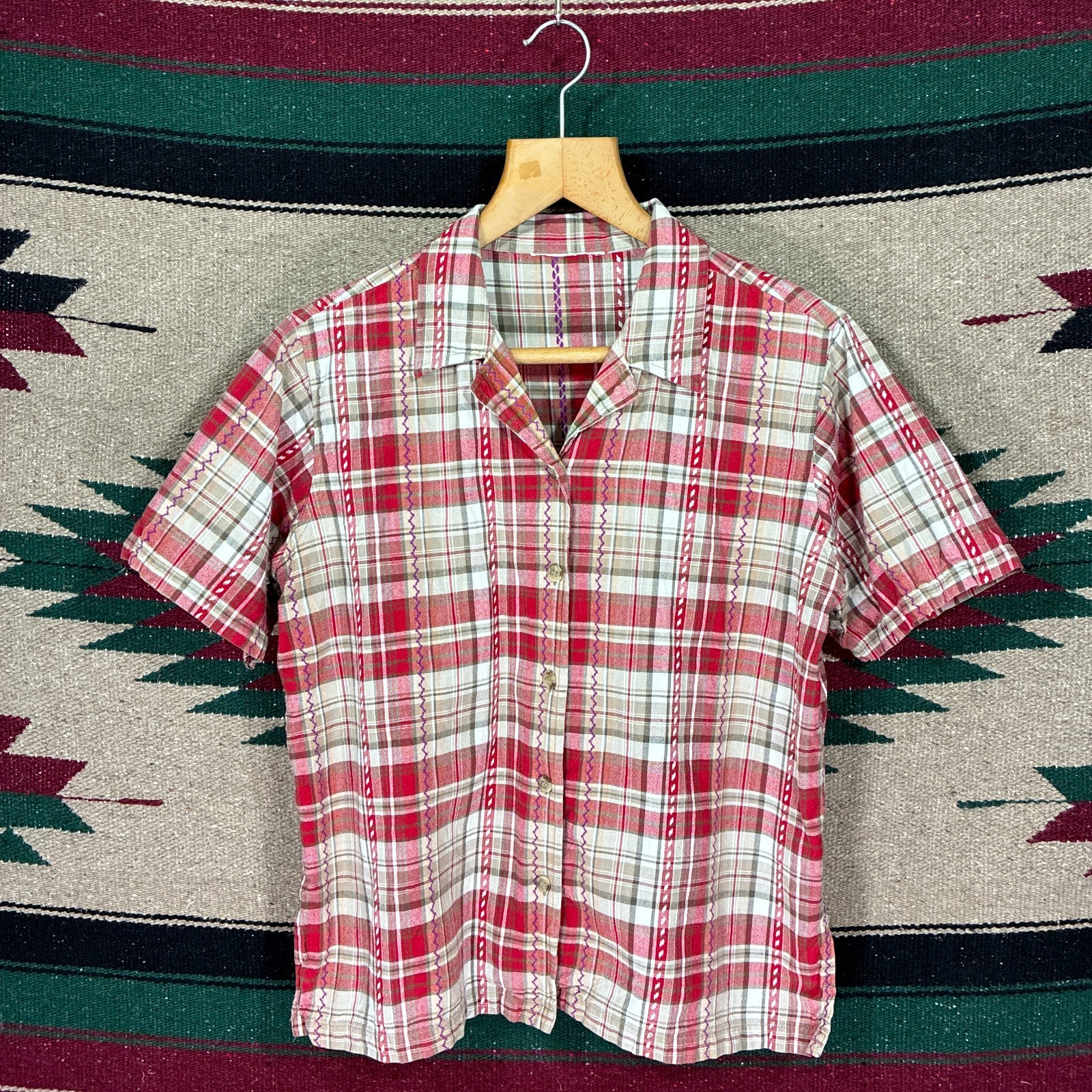 Vintage Red Plaid Spread Collar Shirt – Women’s Small – Cotton – Summer